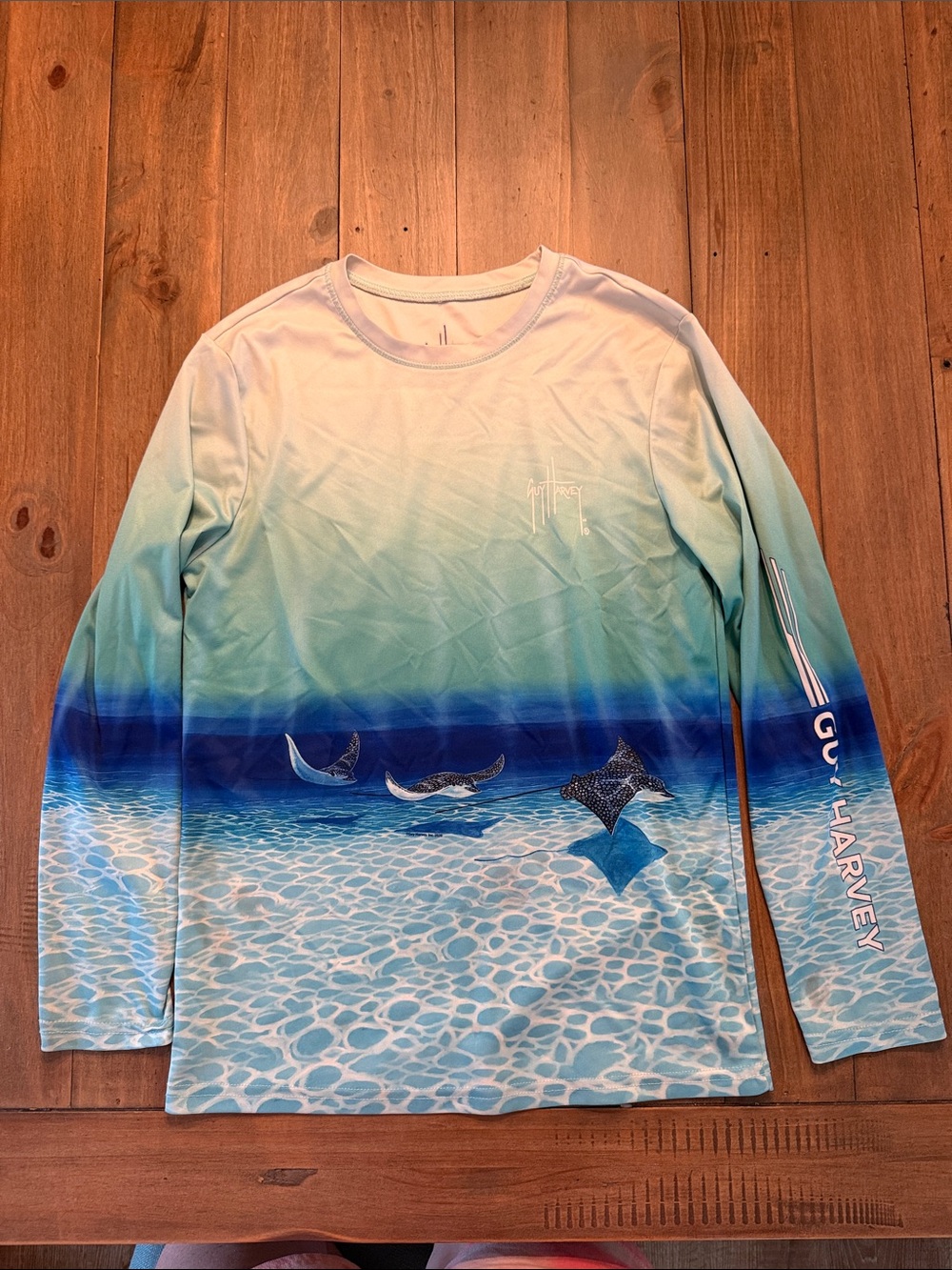 Guy Harvey Ombre Aqua-to-Blue Manta Ray Long Sleeve Performance Shirt